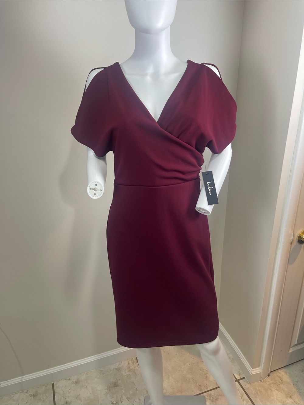 Lulu's Burgundy Cold-Shoulder Wrap Sheath Dress